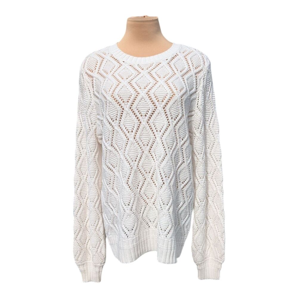 LOFT Diamond Pointelle Sweater Womans Large White Open Knit CottageCore Cozy New